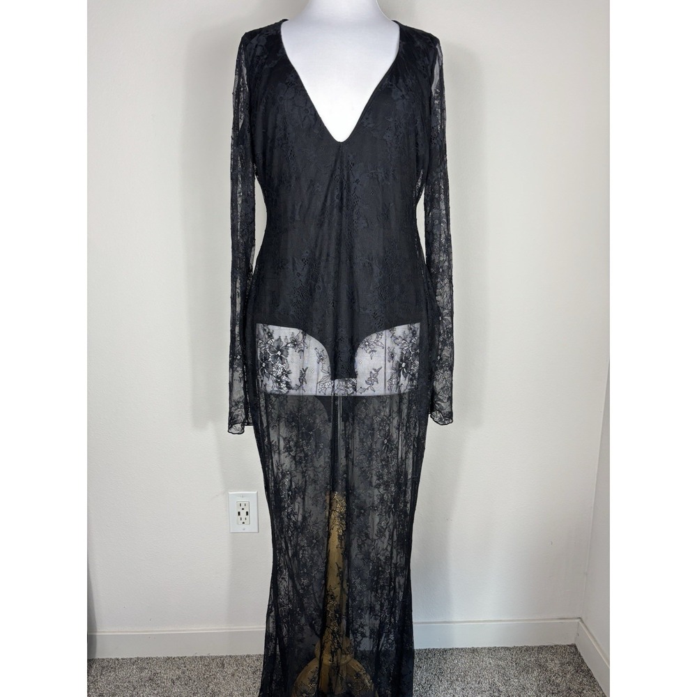 Skims Ultra Fine Lace Plunge Long Sleeved Maxi Dress Onyx Sz 2X Sexy Edgy Dark - Picture 2 of 10